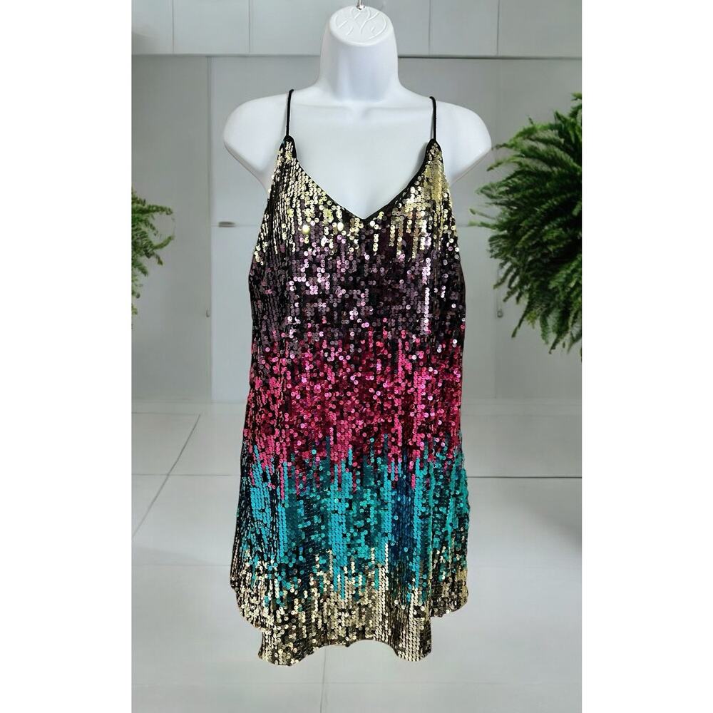 Colorful Sequin Party Mini Dress Sz M Sleeveless V-Neck Prom Discocore Y2K